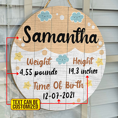 Personalized Baby Name Decorative Circle Wooden Door Sign - Indoor Outdoor Decorative Gift for Newborn