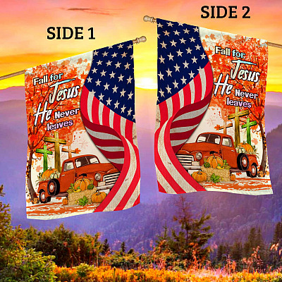Alternative view of Fall For Jesus He Never Leaves Red Truck Jesus Cross American Outdoor House Flag - Thanksgiving Home Garden Flag