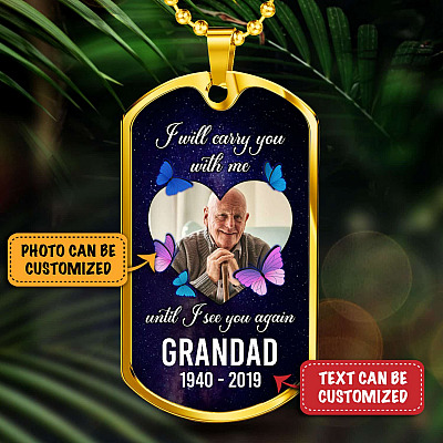 Alternative view of I Will Carry You With Me Until I See You Again Personalized Photo Memorial Dog Tag Pendant Necklace
