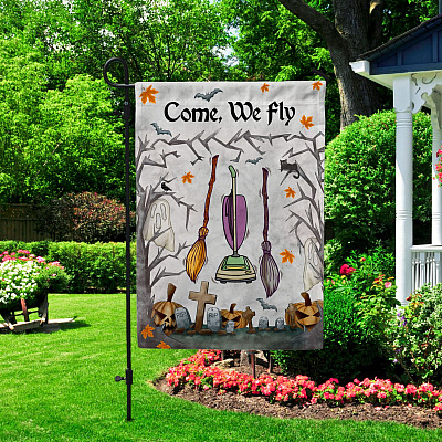 Alternative view of Come We Fly Funny Halloween House Flag - Garden House Flag - Funny Halloween Home Decor