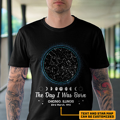 Alternative view of The Day I Was Born Personalized Star Constellation Map Shirt - V-Neck - Hoodie - Sweatshirt - Custom Birthday Gift