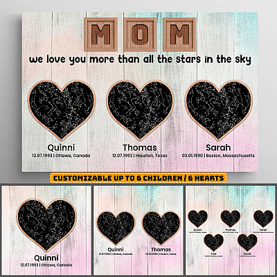 Mom We Love You More Than All The Stars In The Sky Personalized Children Names Canvas - Custom Family Name Star Map Constellation Canvas Wall Art