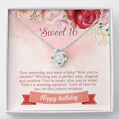 Sweet 16 Happy Birthday Love Knot Necklace - Sweet Sixteen 16th Birthday Necklace - Birthday Jewelry Gifts - Love Knot Necklace