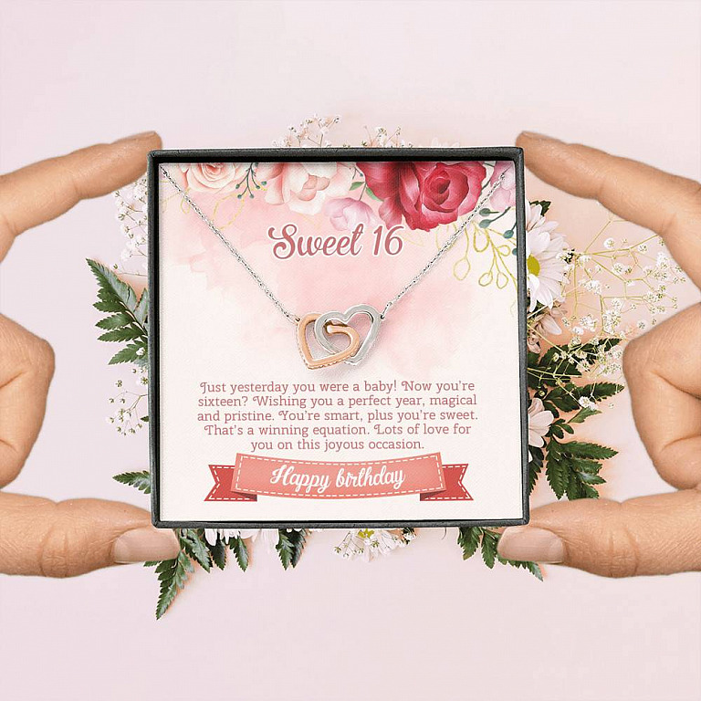 Sweet 16 Happy Birthday Interlocking Hearts Pendant Necklace - Sweet Sixteen 16th Birthday Necklace Jewelry