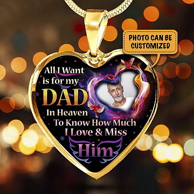 Alternative view of Personalized Photo All I Want Is For My Dad In Heaven I Love And Miss Him Hearts Pendant Necklace - Memorial Dad Necklace