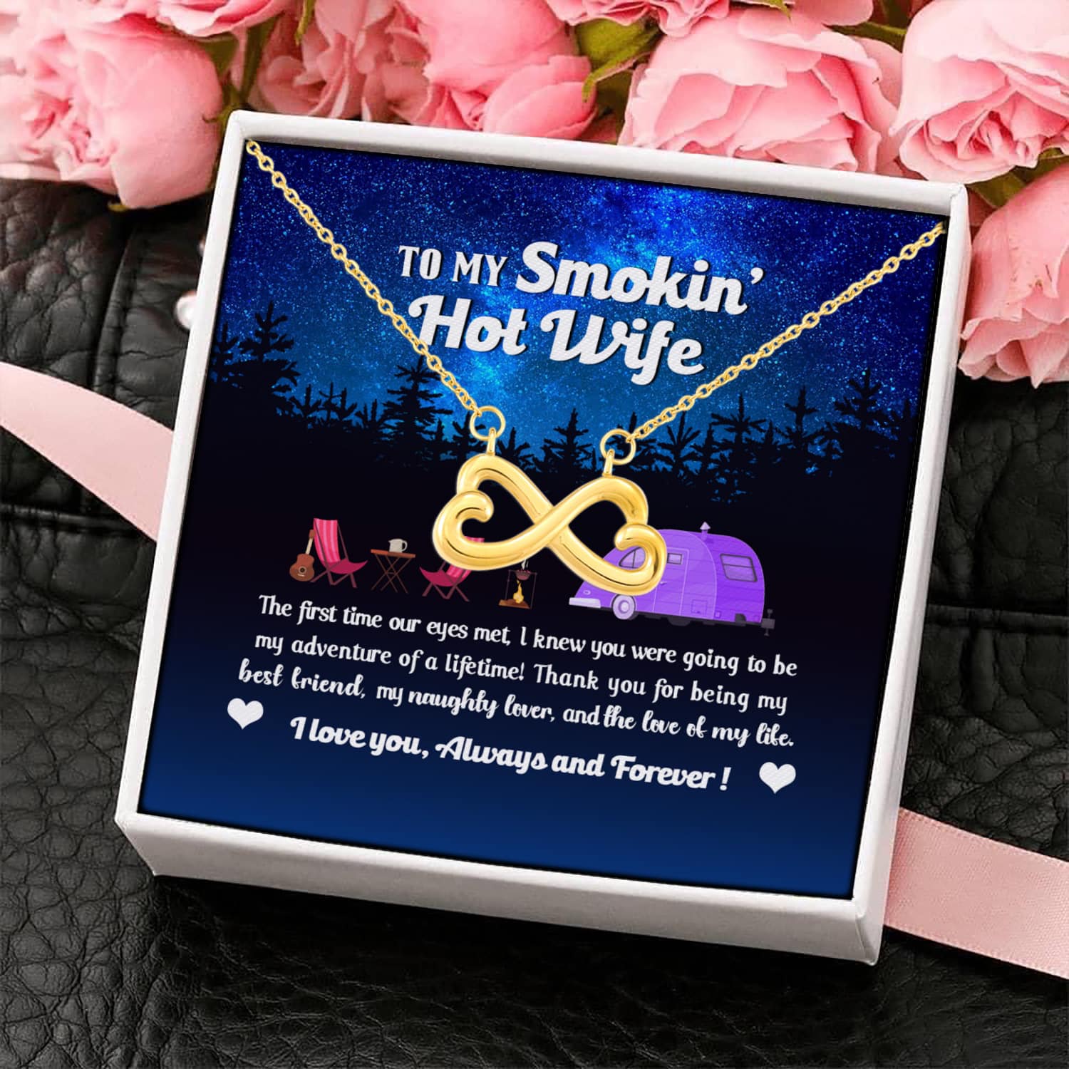 34 HG. Smokin Hot Wife Camping Infinity Heart Necklace (Gold) 4