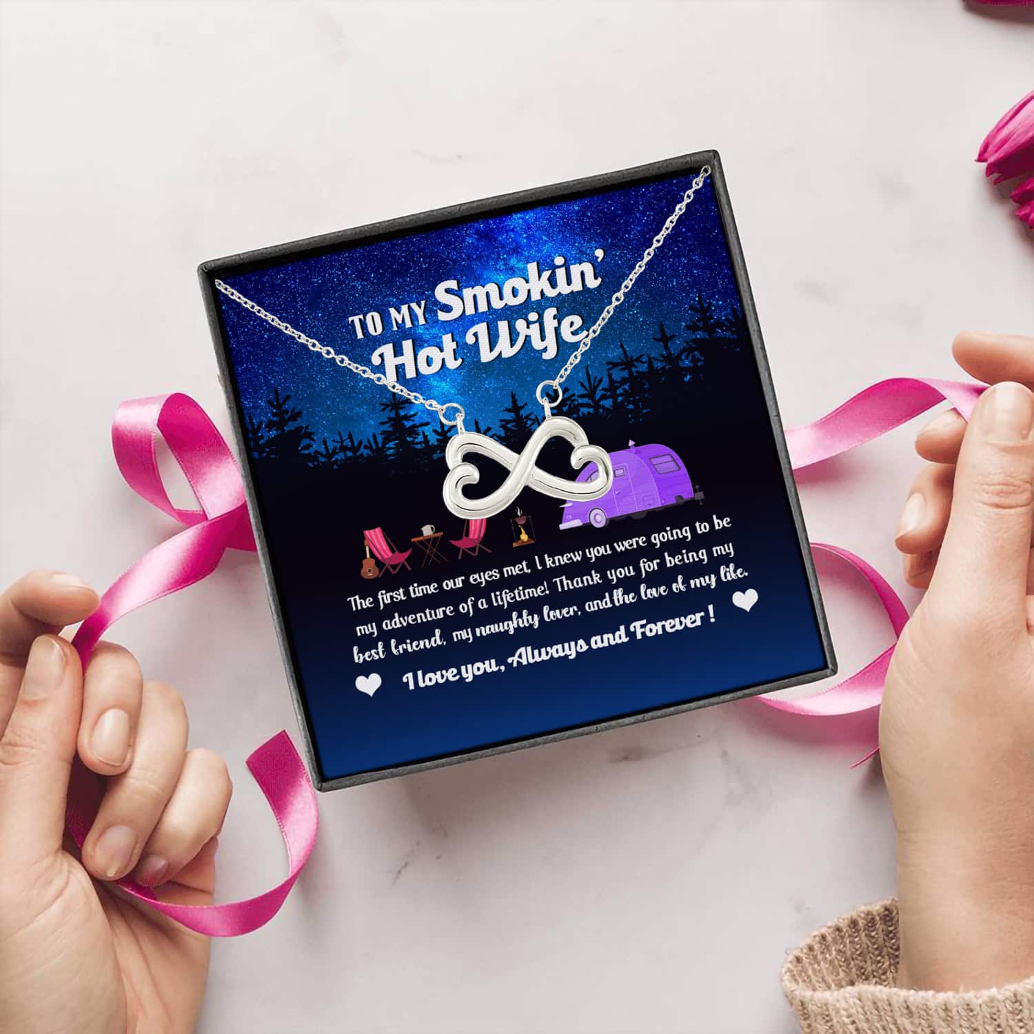 34 HG. Smokin Hot Wife Camping Infinity Heart Necklace (Silver) 5