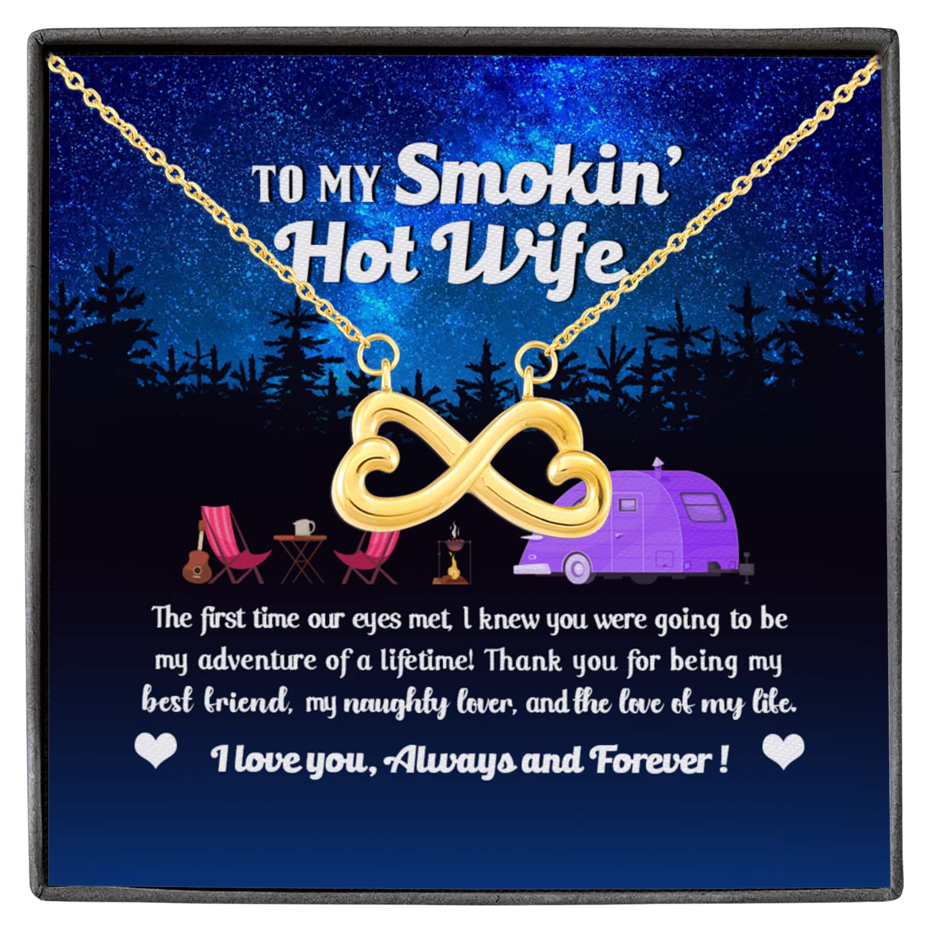 34 HG. Smokin Hot Wife Camping Infinity Heart Necklace White (Gold)