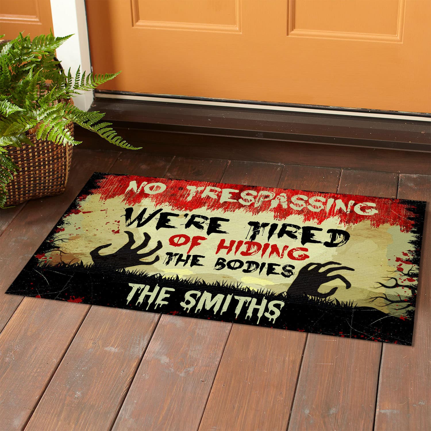2VT. No Trespassing Hiding The Bodies sample design Doormat mockup 1