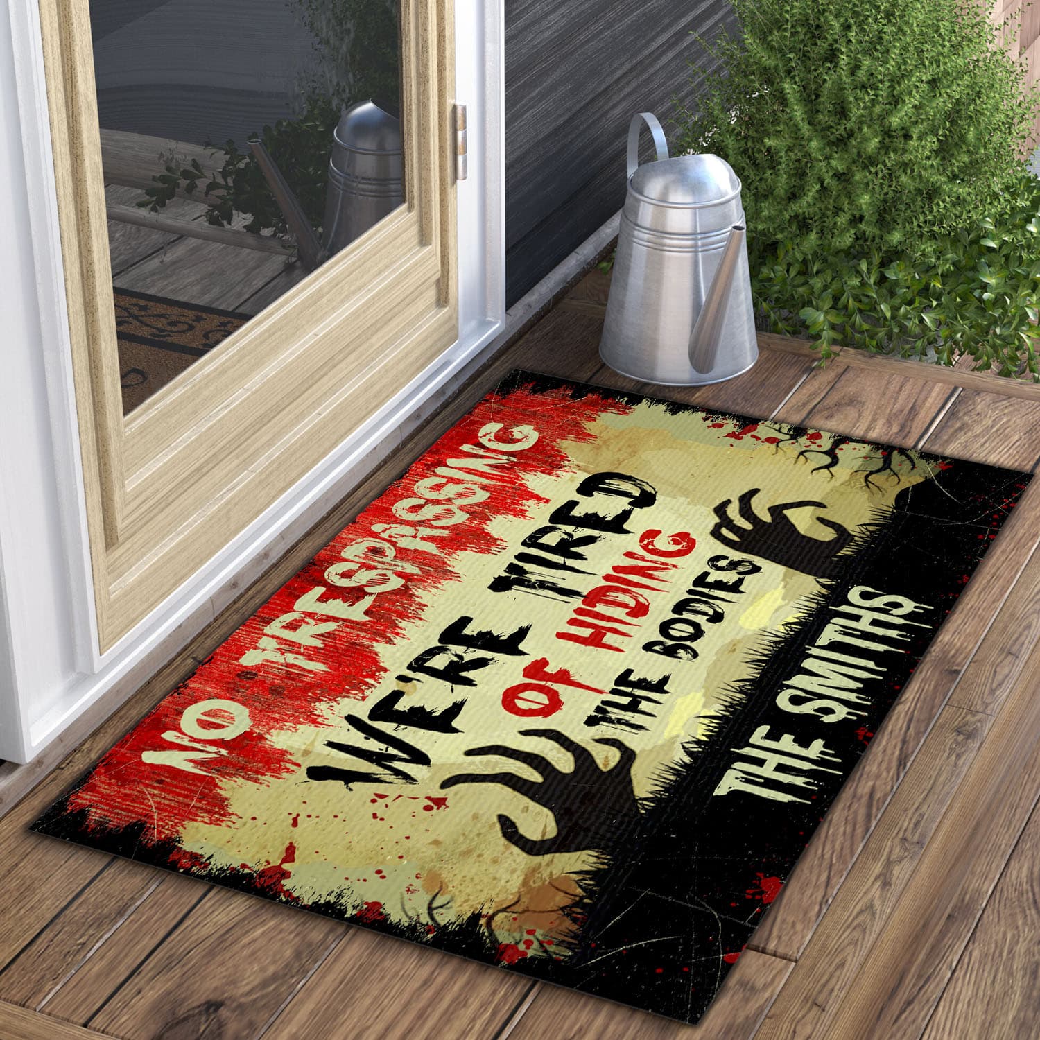 2VT. No Trespassing Hiding The Bodies sample design Doormat mockup 3
