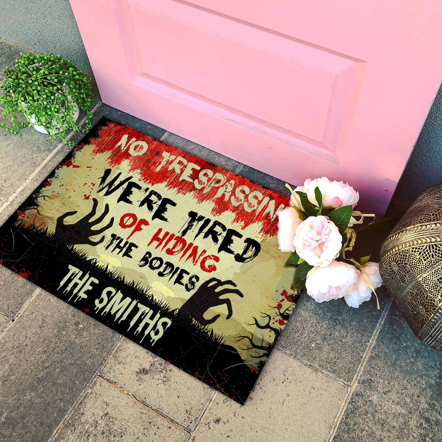 2VT. No Trespassing Hiding The Bodies sample design Doormat mockup 4