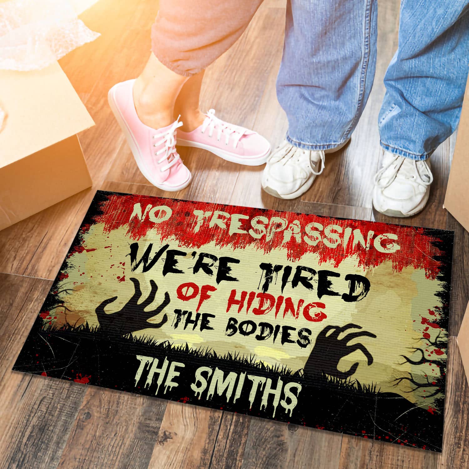 2VT. No Trespassing Hiding The Bodies sample design Doormat mockup 6