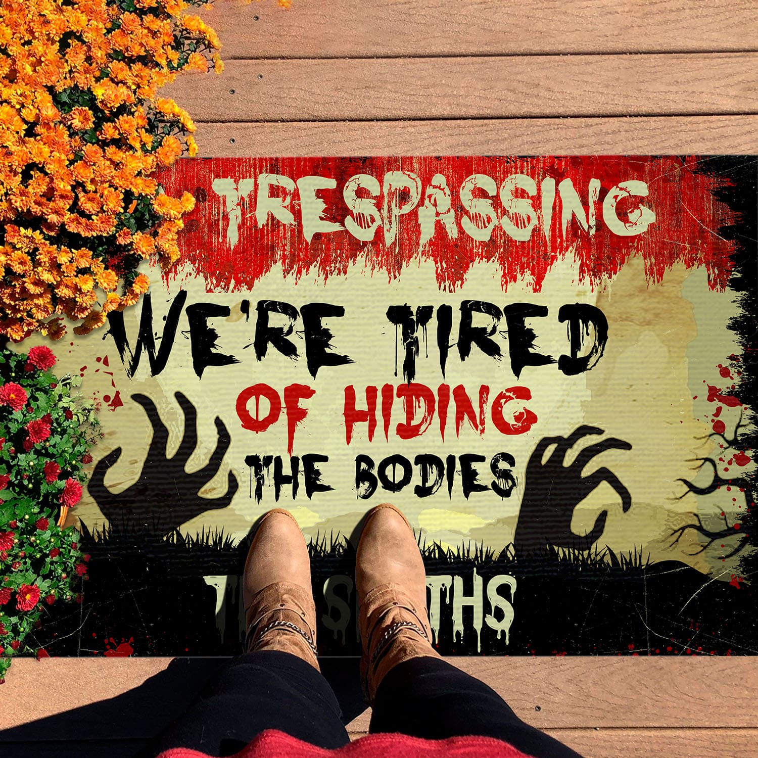 2VT. No Trespassing Hiding The Bodies sample design Doormat mockup 7