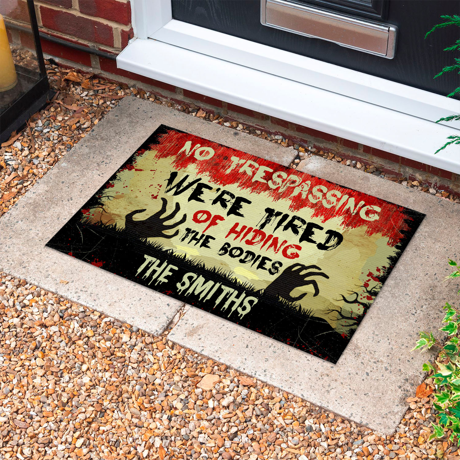 2VT. No Trespassing Hiding The Bodies sample design Doormat mockup 10