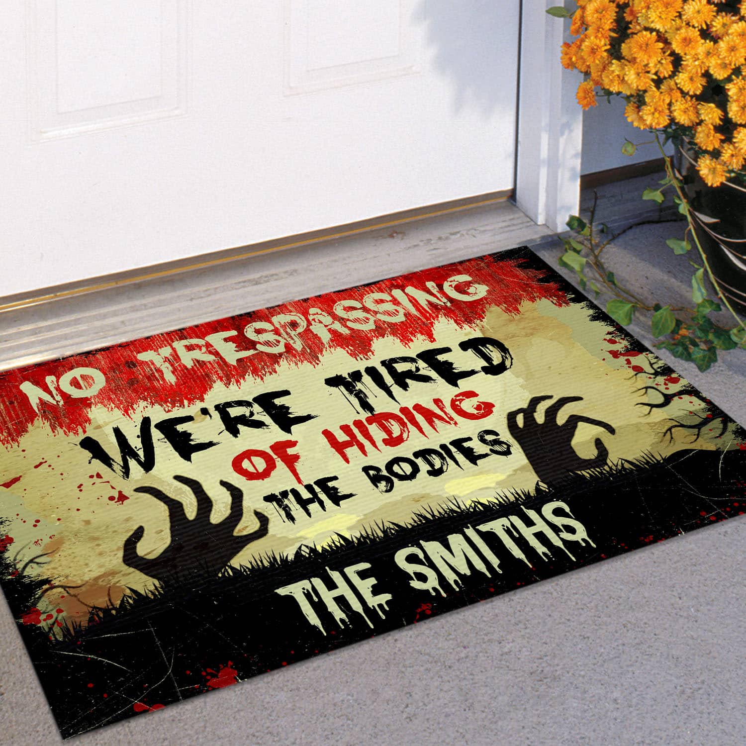 2VT. No Trespassing Hiding The Bodies sample design Doormat mockup 11