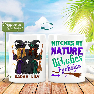 Witches By Nature Bitches By Choice Personalized Witch Sister Coffee Mug - Custom Bestie Halloween Mug