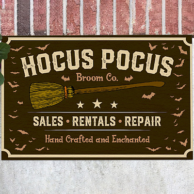 Hocus Pocus Broom Co Sales Rentals Repair Hand Craft and Enchanted Doormat - Funny Witch Halloween Doormat