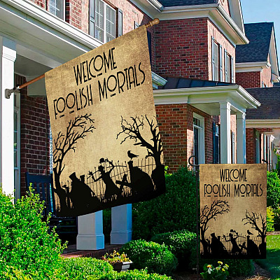 Alternative view of Welcome Foolish Mortals Flag - Foolish Mortals Halloween Garden Flag - Funny Hitchhiking Ghosts Flag