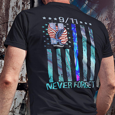 Alternative view of American Flag 9/11 Never Forget Print on Back Plain Front T-Shirt - Memorial Day 20th Anniversary Shirt