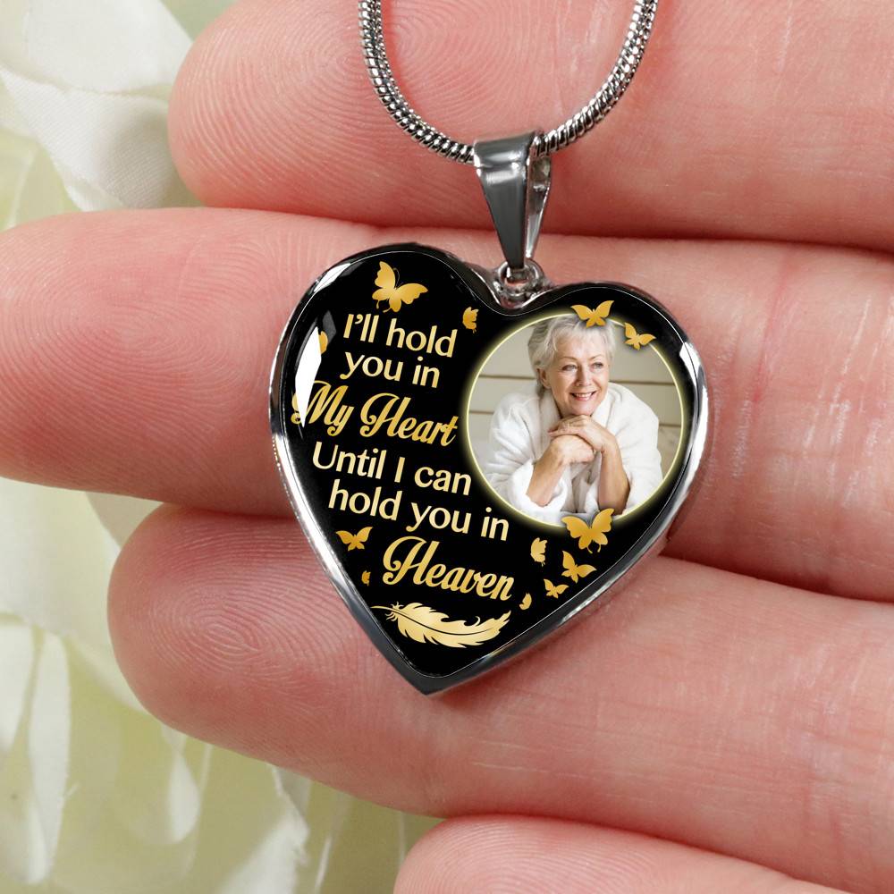 Custom Photo I'll Hold You In My Heart Until I Can Hold You In Heaven Feather Butterfly Memorial Heart Pendant Necklace Custom Photo I'll Hold You In My Heart Until I Can Hold You In Heaven Feather Butterfly Memorial Heart Pendant Necklace