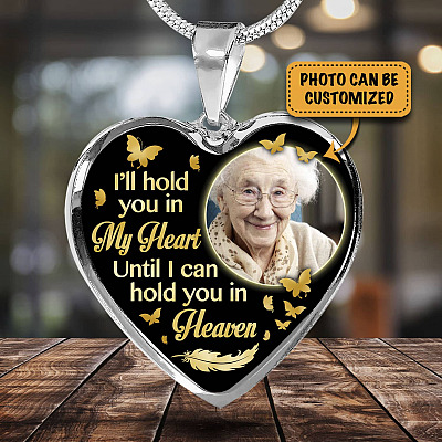 Alternative view of Custom Photo I'll Hold You In My Heart Until I Can Hold You In Heaven Feather Butterfly Memorial Heart Pendant Necklace