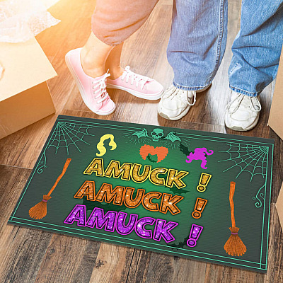 Halloween Hocus Pocus Amuck Outdoor Indoor Doormat - Witch Broom Door Mat - Sanderson Sisters Doormat Rug