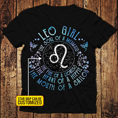 Personalized Star Map Leo Girl the Soul of A Mermaid the Heart of A Hippie T-Shirt - Ladies T-Shirt - Leo Star Sign Gift