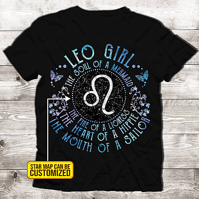 Alternative view of Personalized Star Map Leo Girl the Soul of A Mermaid the Heart of A Hippie T-Shirt - Ladies T-Shirt - Leo Star Sign Gift