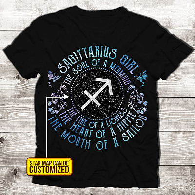 Personalized Star Map Sagittarius Girl the Soul of A Mermaid the Heart of A Hippie T-Shirt - Premium Ladies T-Shirt - Sagittarius Gift