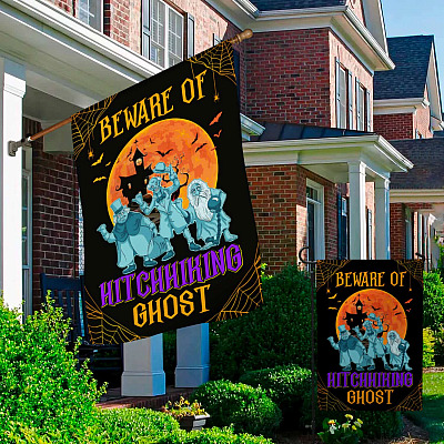Alternative view of Beware of Hitchhiking Ghosts Garden Flag - Halloween Flag - the Haunted Mansion Flag