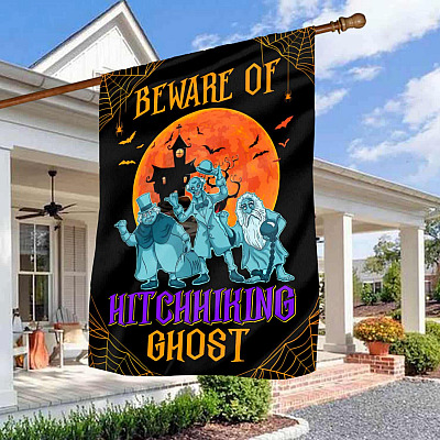 Beware of Hitchhiking Ghosts Garden Flag - Halloween Flag - the Haunted Mansion Flag