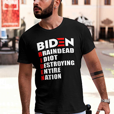 Alternative view of Biden Braindead Idiot Destroying Entire Nation T-shirt - V-neck - Pro Trump Anti Biden Shirt