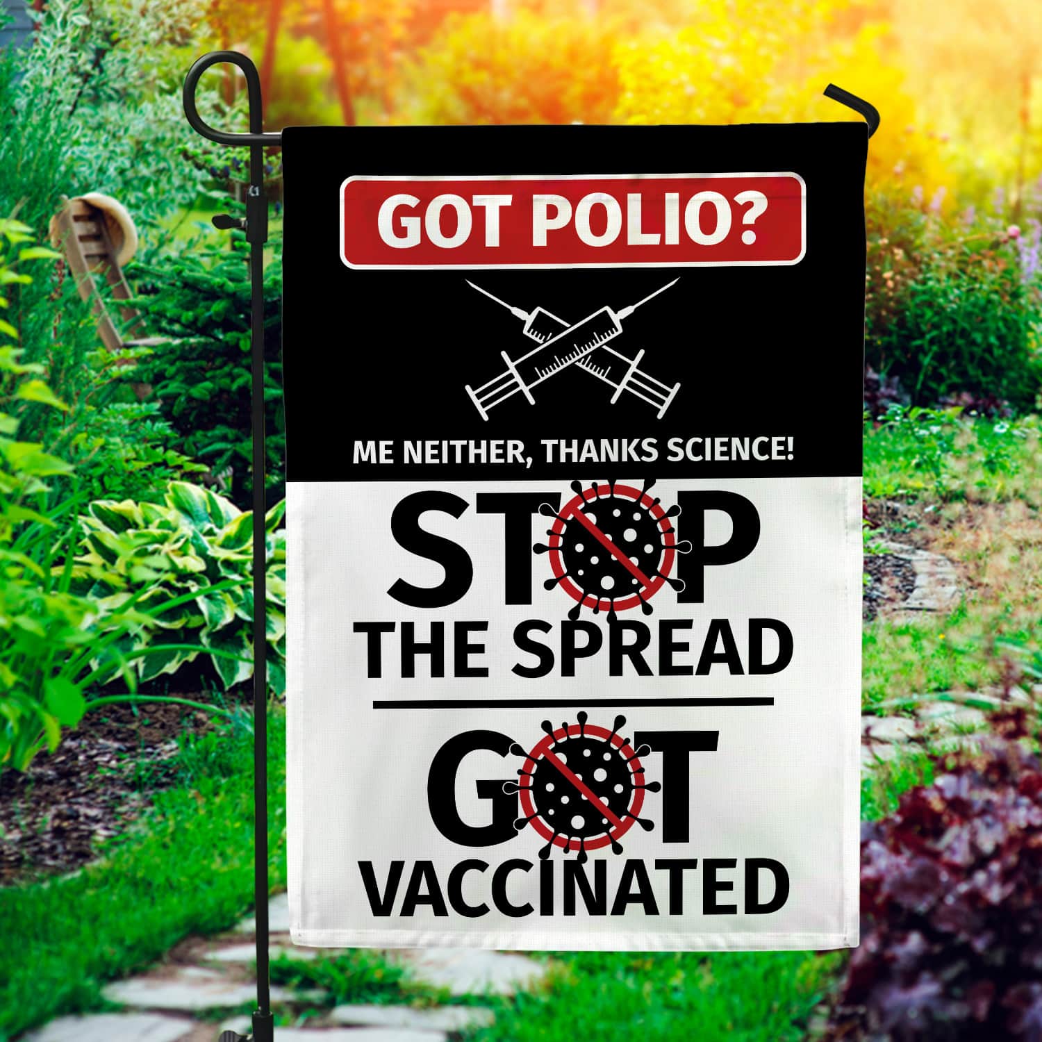 7KNG. Stop The Spread 30x40 Garden Flag Mockup 1