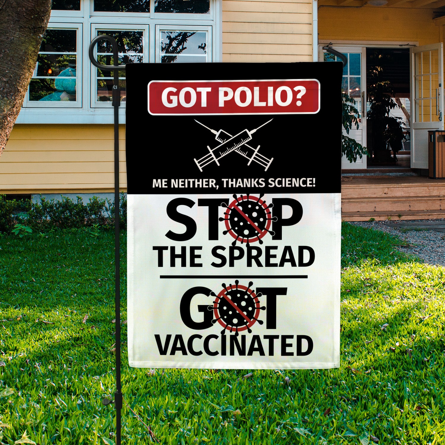 7KNG. Stop The Spread 30x40 Garden Flag Mockup 3