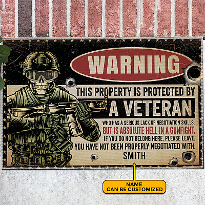 Warning This House Is Protected By A Grumpy Army Veteran & Gun Personalized Name Doormat - Knock With Caution Sign Veteran Doormat