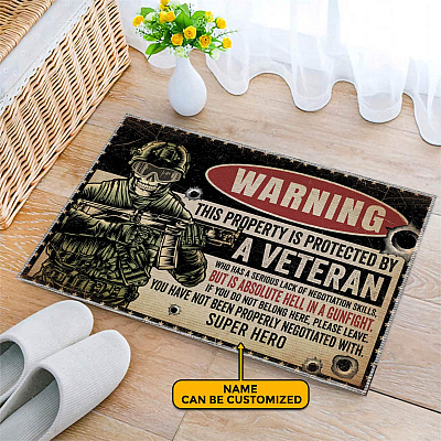 Alternative view of Warning This House Is Protected By A Grumpy Army Veteran & Gun Personalized Name Doormat - Knock With Caution Sign Veteran Doormat