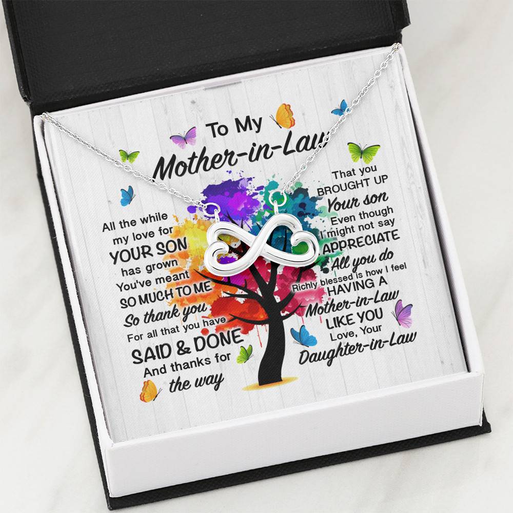 To My Mother In Law All The While My Love For Your Son Has Grown Infinity Heart Pendant Necklace