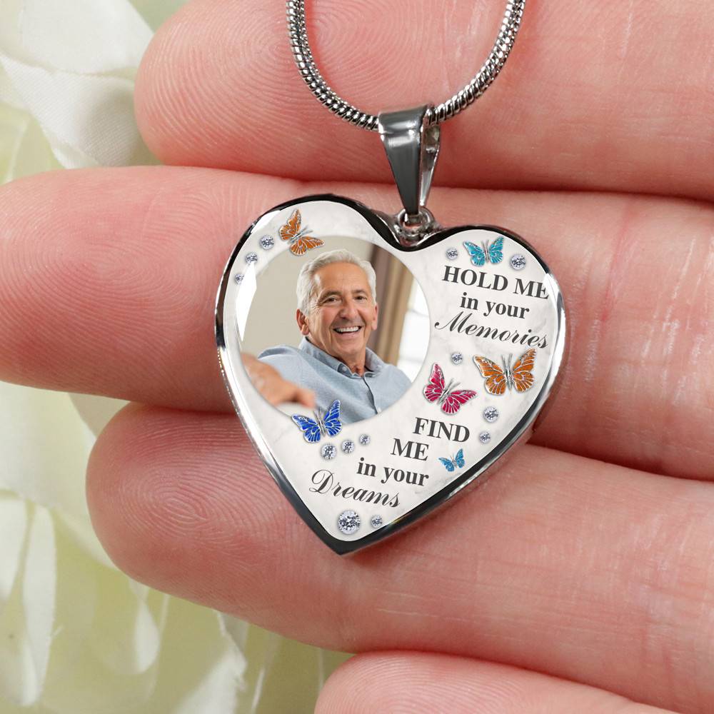Personalized Photo Hold Me In Your Memories Find Me In Your Dreams Memorial Luxury Heart Pendant Necklace