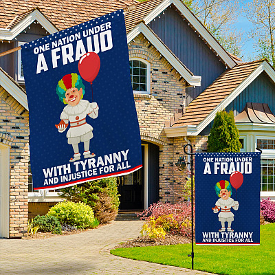 Alternative view of One Nation Under A Fraud with Tyranny and Injustice for All Decorative Outdoor Garden Flag – Funny Clown Joe Biden Meme House Flag
