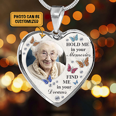 Alternative view of Personalized Photo Hold Me In Your Memories Find Me In Your Dreams Memorial Luxury Heart Pendant Necklace