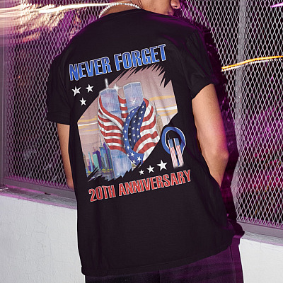 9/11 Never Forget 20th Anniversary Print On Back Only T-shirt - 9-11-01 Remembrance Shirt