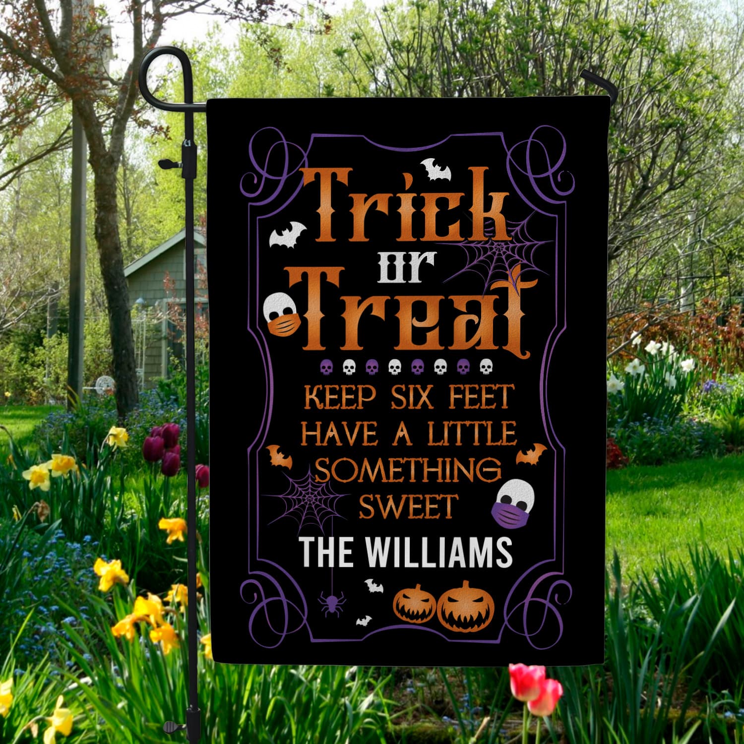 3LV. GAP Trick or Treat Keep 6 feet FLAG (Sample Design) Garden Flag Mockup 5