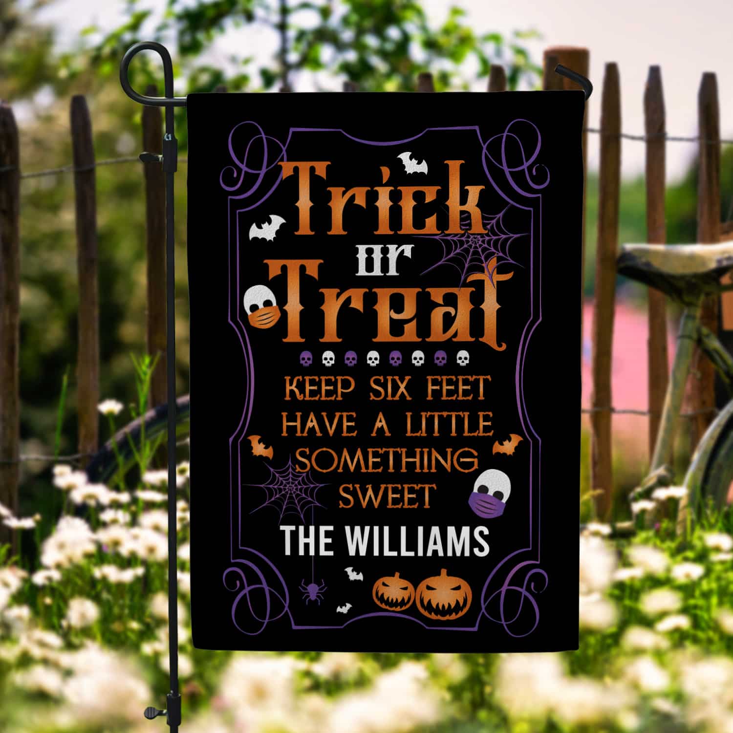 3LV. GAP Trick or Treat Keep 6 feet FLAG (Sample Design) Garden Flag Mockup 6