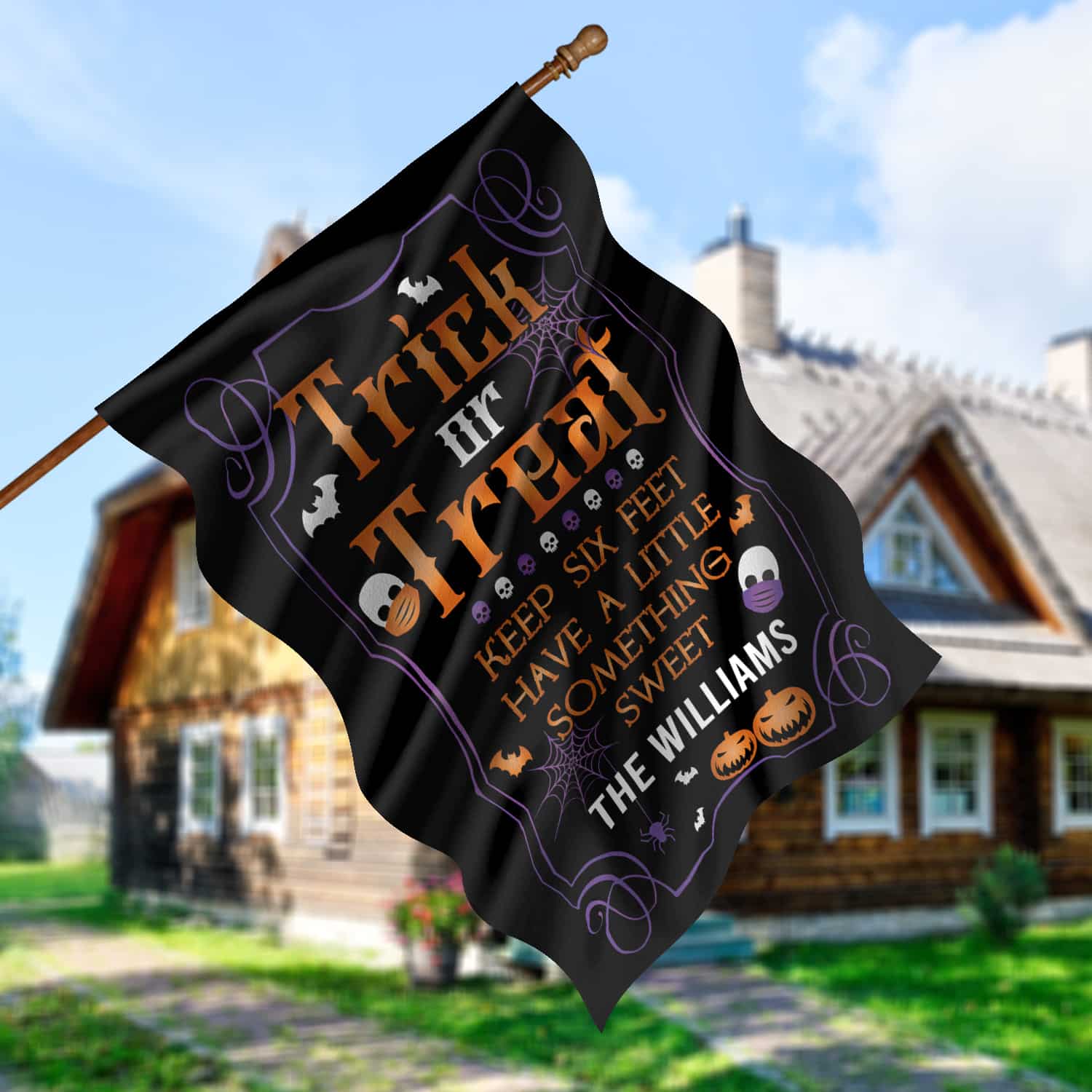 3LV. GAP Trick or Treat Keep 6 feet FLAG (Sample Design) House Flag Mockup 5