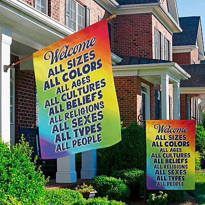 Alternative view of Welcome All People All Sizes All Colors All Ages All Cultures All Beliefs All Religions Decorative Garden Flag - House Flag