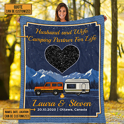 Personalized Names and Place Camping Buddies Partners Meme Saying Blanket - Our Happy Place Happy Campers Camping Custom Blanket