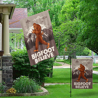Alternative view of Bigfoot Believe UFO Outdoor Indoor Decorative Garden Flag - House Flag - Wall Flag Funny Sasquatch Yeti Flag