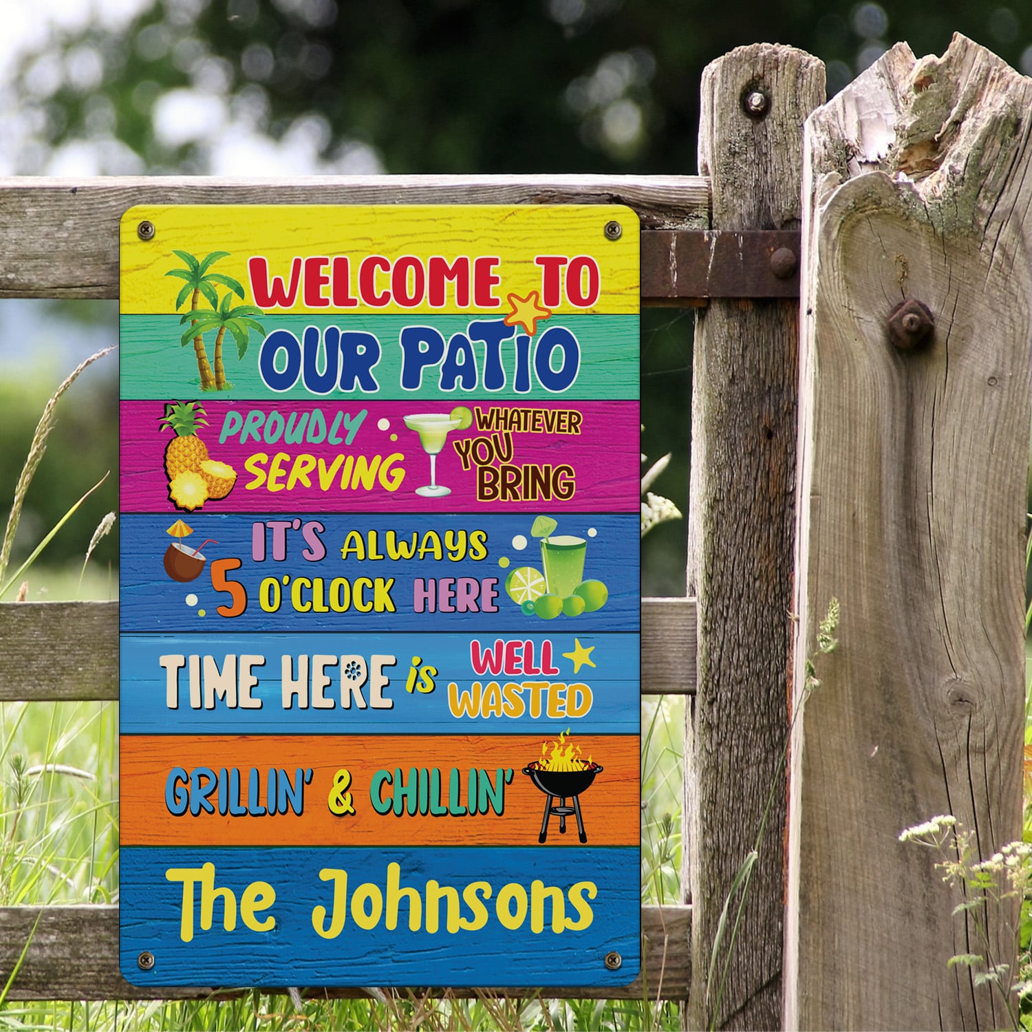 11. Welcome to Our Patio (Sample Design) Metal Sign Mockup 2