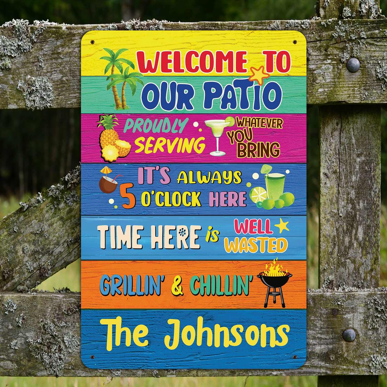 11. Welcome to Our Patio (Sample Design) Metal Sign Mockup 4