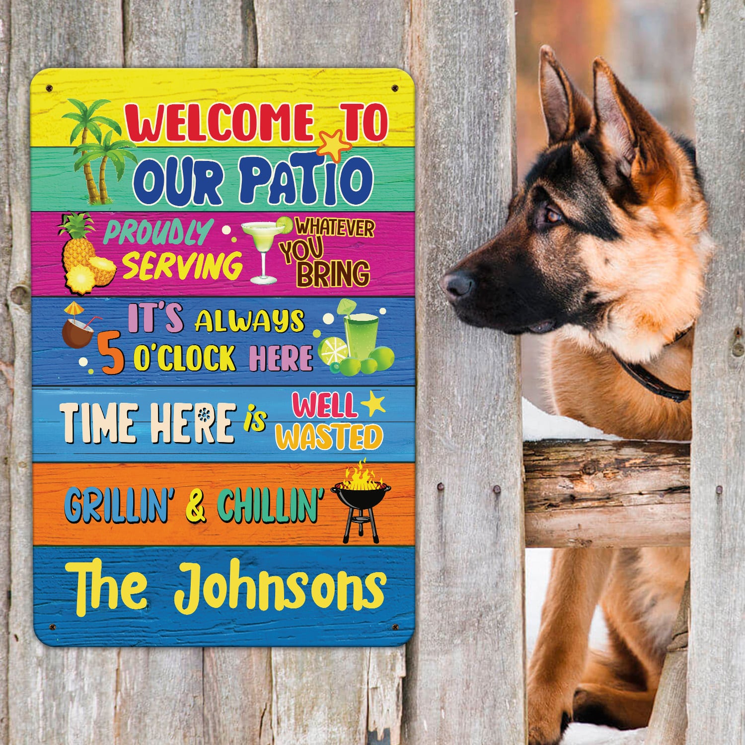 11. Welcome to Our Patio (Sample Design) Metal Sign Mockup 9